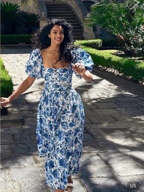 Abercrombie Fitch Size S Tall Emerson Poplin Puff Sleeve Midi Dress Floral Blue